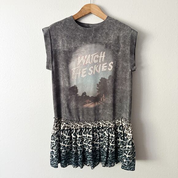ALLSAINTS Watch the Skies Gray Silk Mini Dress Leopard Hem Women's US Size 6 - Picture 1 of 12